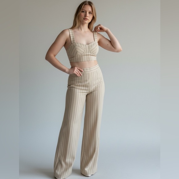 Pants - ❤️High-Rise Wide-Leg Pinstripe Pants - Beige